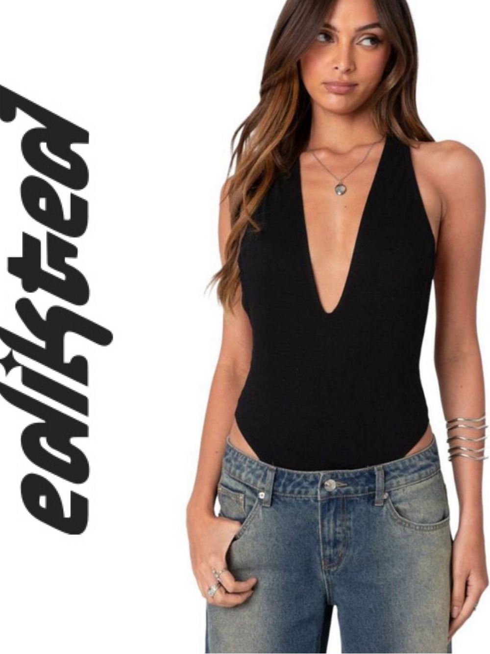 Edikted 🖤Deep V Halter backless Bodysuit - Black